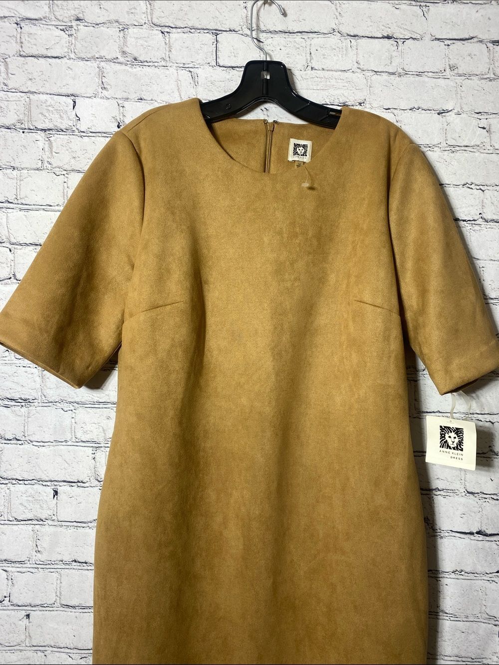 Anne Klein Dress Womens 14 Camel Faux Suede Sheath Midi Career NWT Stretch - Picture 3 of 12
